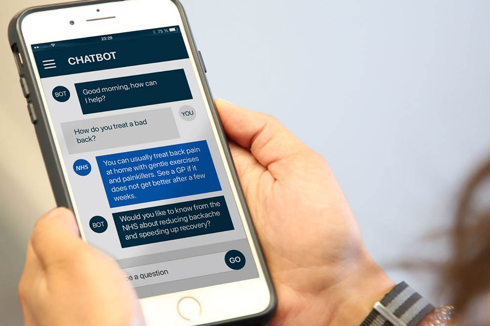 A user interacting with a simulated NHS chatbot about their back pain