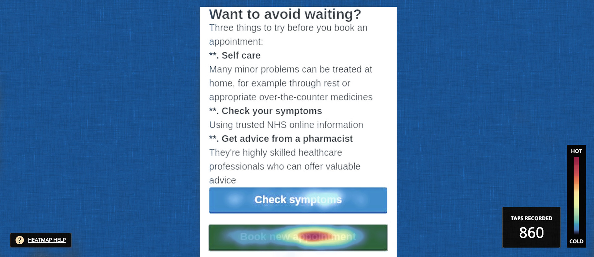 Mobile screen with heat map that shows where people tap and scroll on the screen