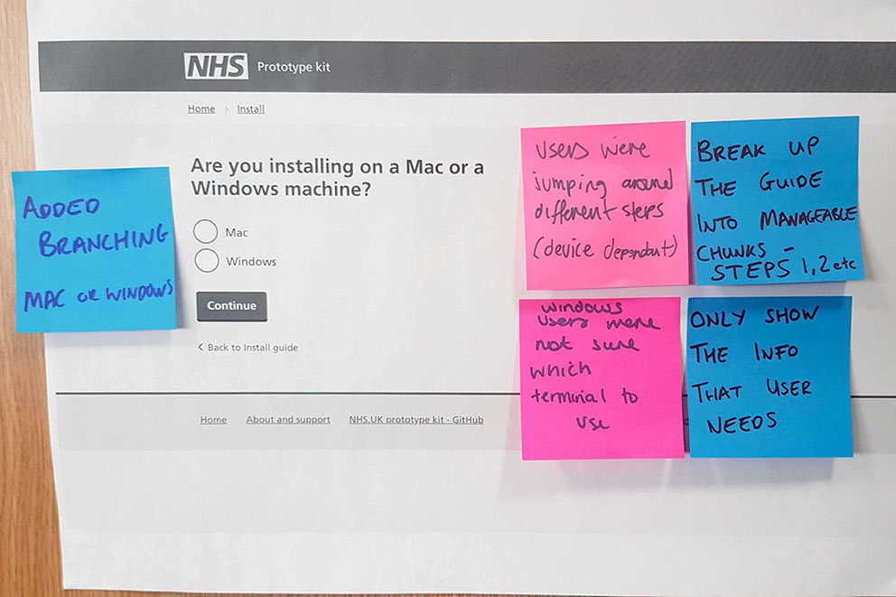Post-it notes with user research insights stuck on a printed version of the installation guides