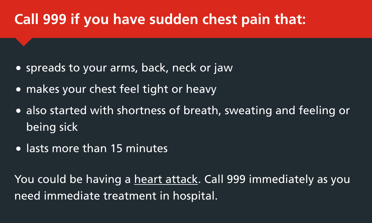 Screenshot of a warning box from NHS UK website giving advice on sudden chest pain