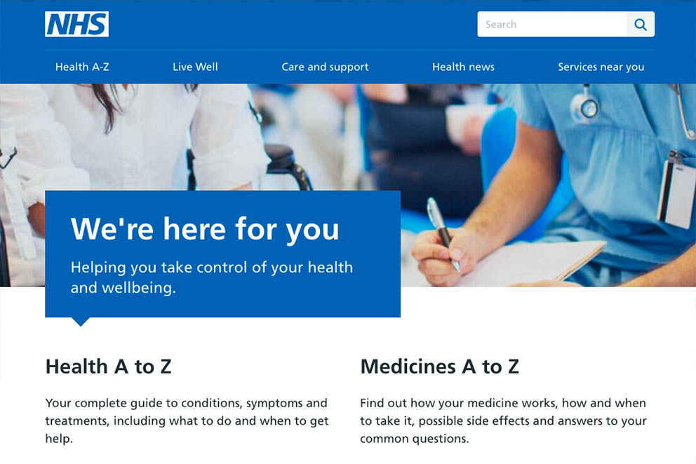 The front page of the NHS website