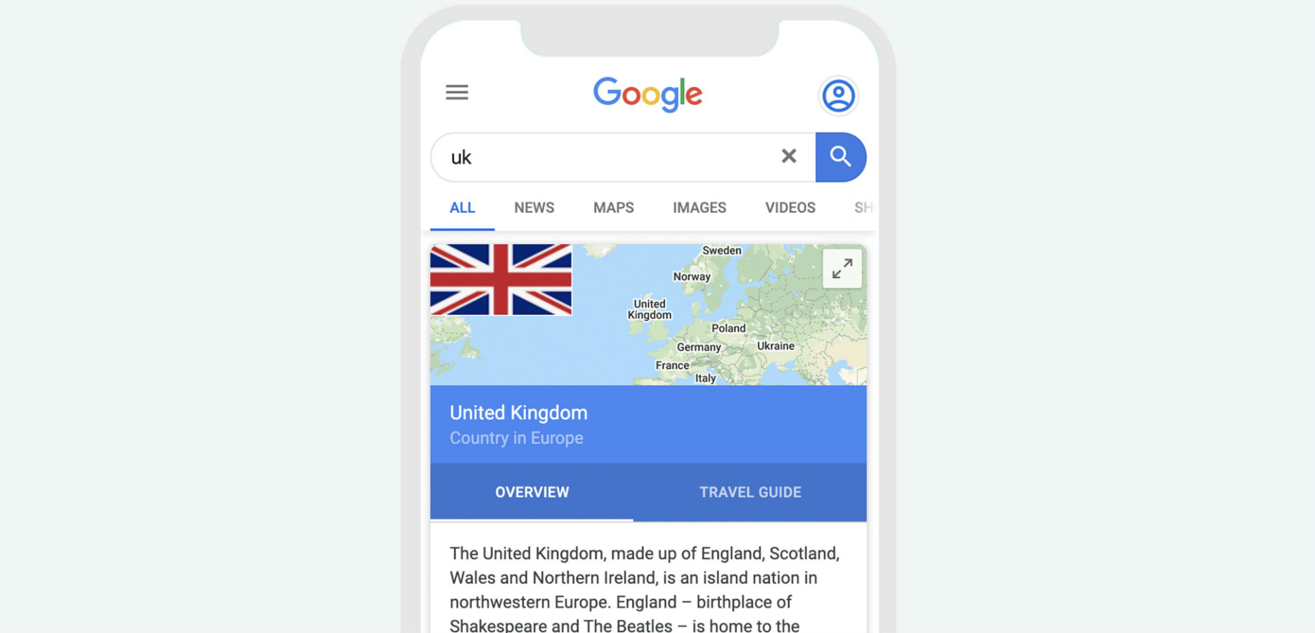 Google knowledge panel for the United Kingdom