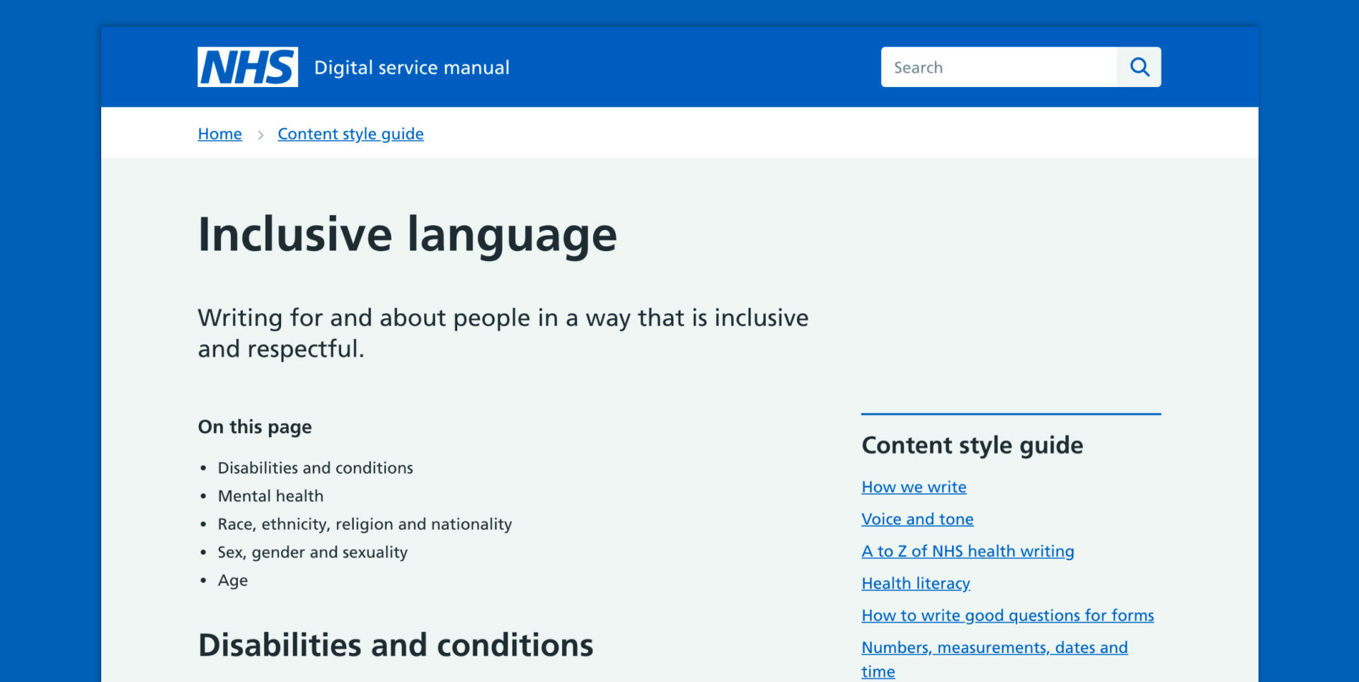 A screenshot of the digital service manual indicating inclusive language