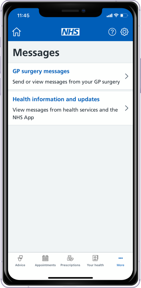 NHS app screen displaying GP practice messages and health information and updates screen.