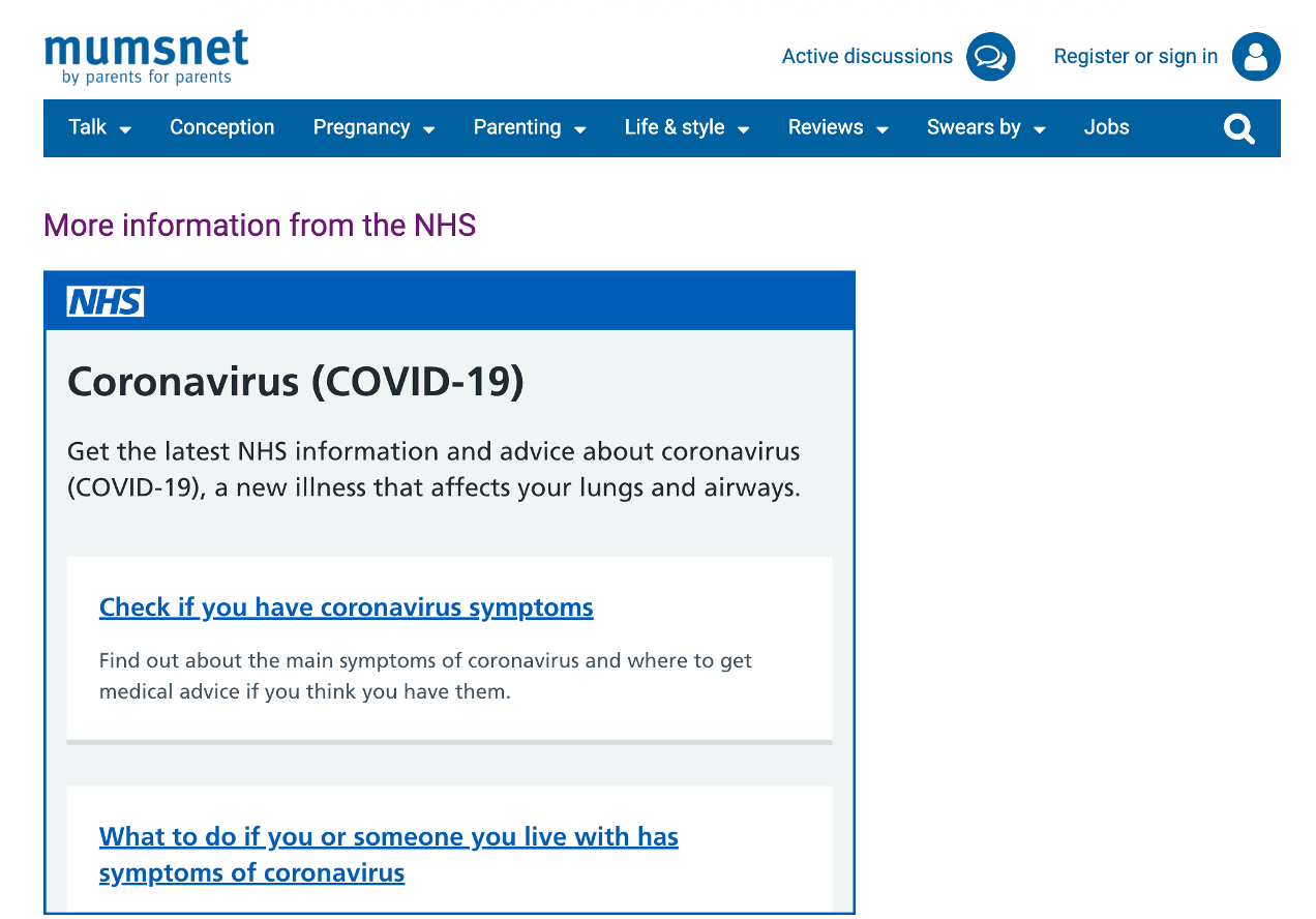Screenshot of Mumsnet's coronavirus content