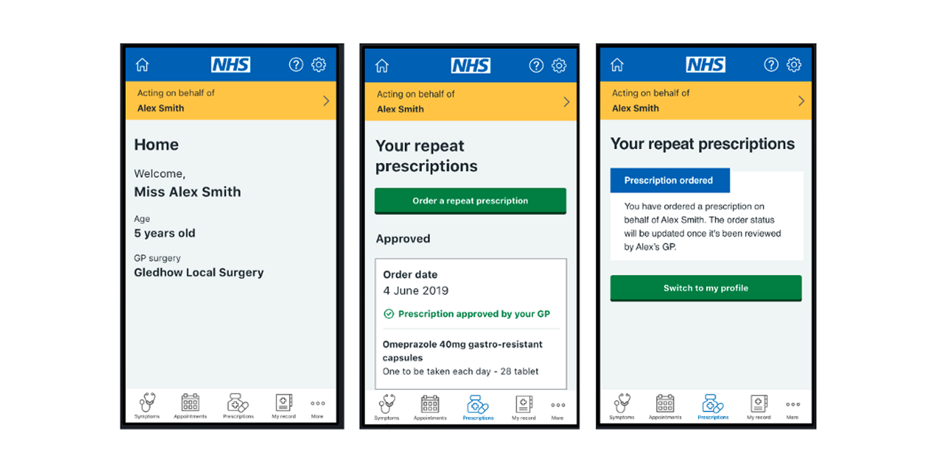 Image of 3 NHS App screens showing a person's home page, an order repeat prescriptions screen and a prescription ordered screen.