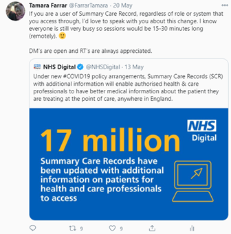 An example of a text sent by Tamara inviting people who use Summary Care Records to get in touch with her.