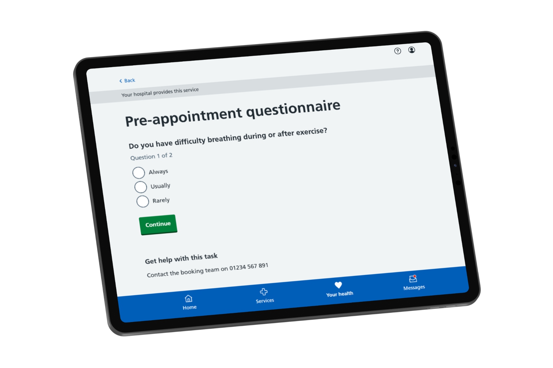 Patient questionnaire screen