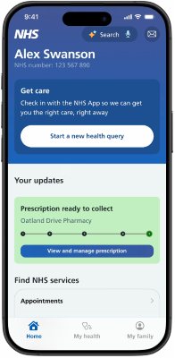 Screenshot of NHS App showing the 'Get care' page and 'Start a new health query' button.