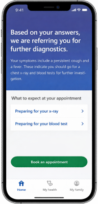 Screenshot of NHS App with text 'Based on your answers we are referring you for further diagnostics' and 'Book and appointment' button.