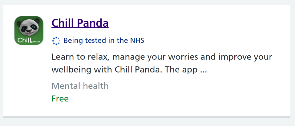 Chill Panda app on NHS Apps library. Image shows a panda head and description of the app.