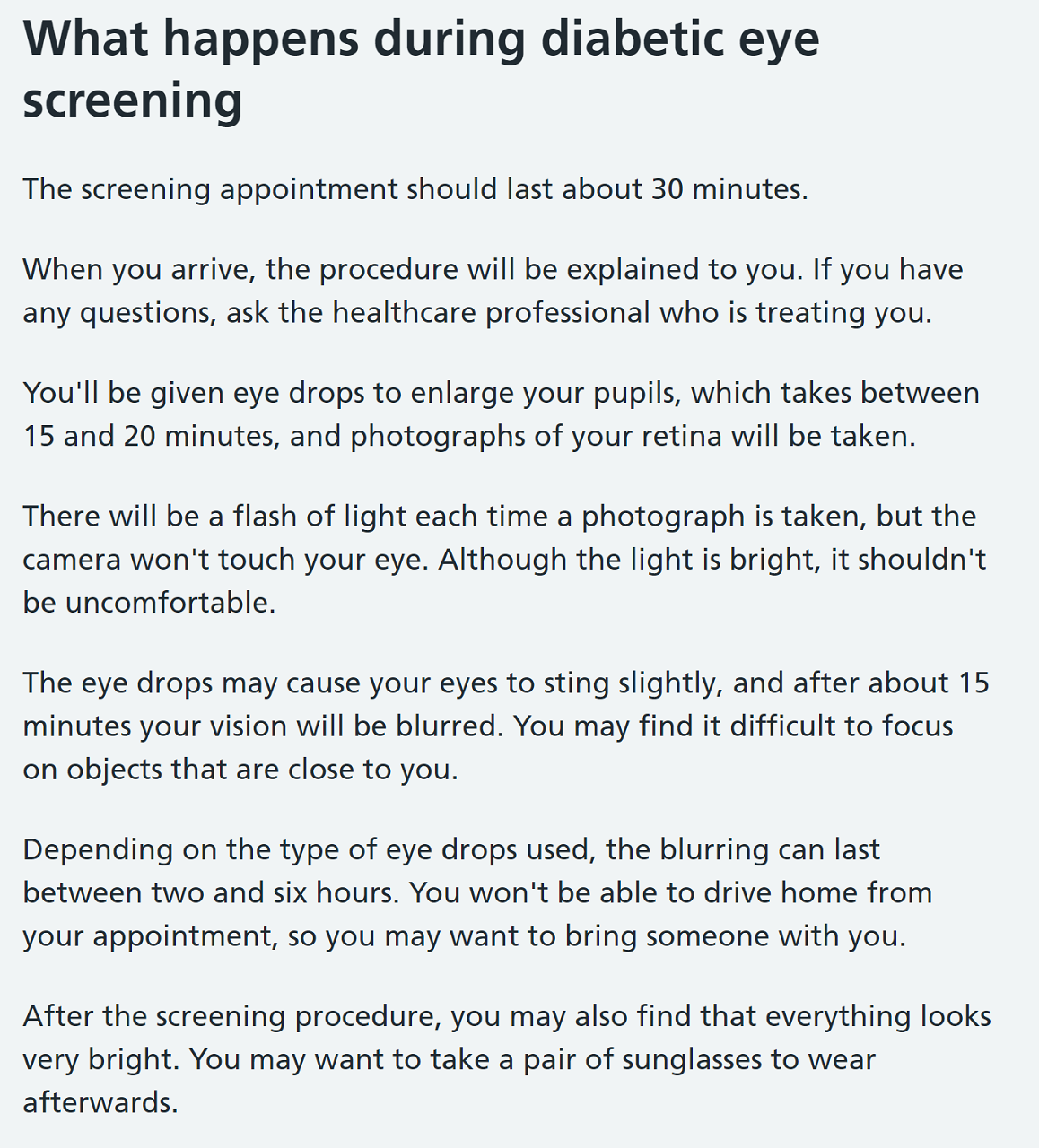 Current diabetic eye screening content on the NHS website