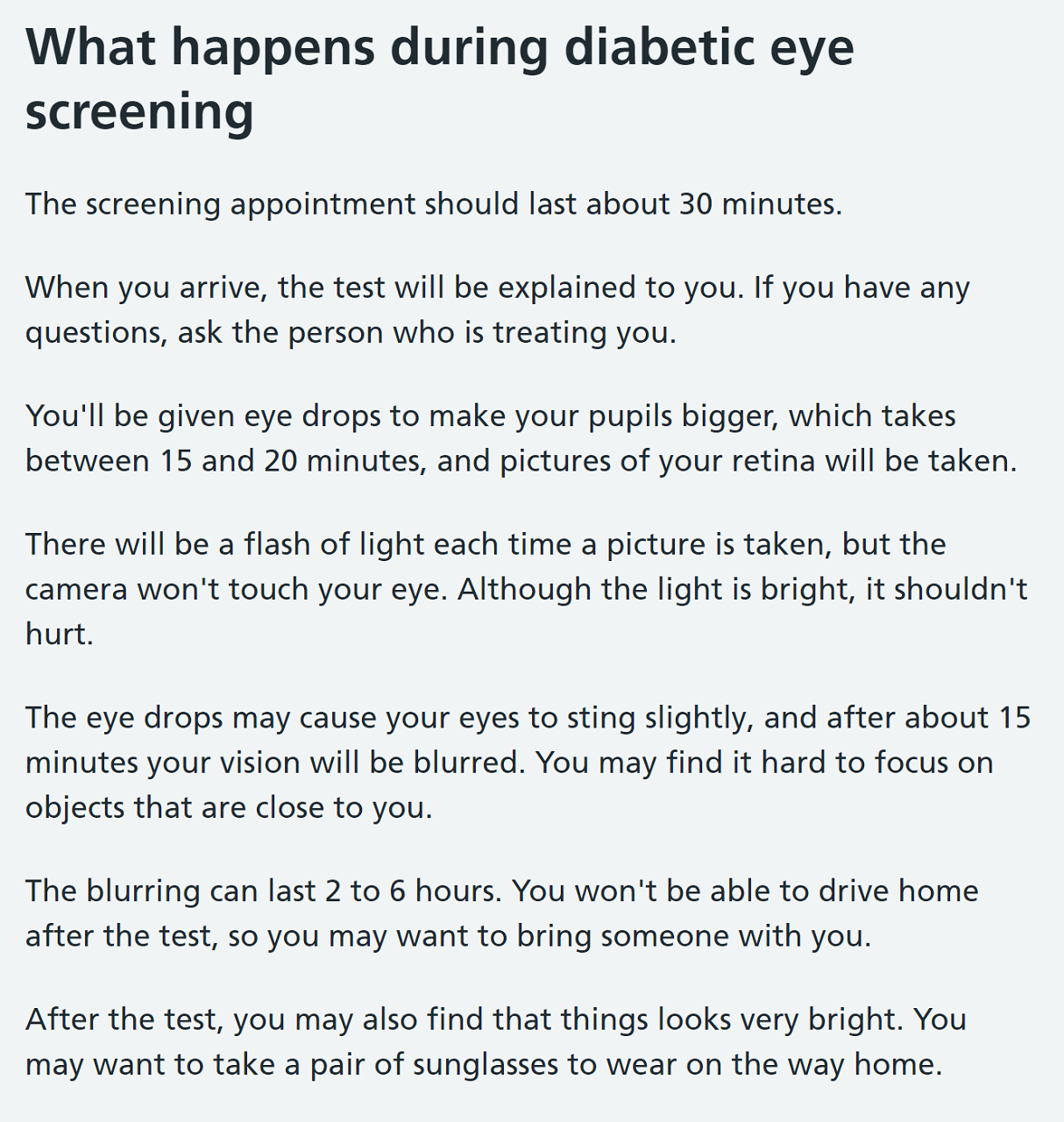 Diabetic eye screening content with reduced reading age