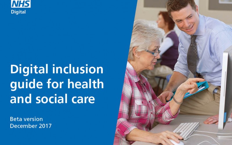 The front page of the digital inclusion guide, with photo of late-middle-aged woman being shown how to do something on a computer by a smiling man.