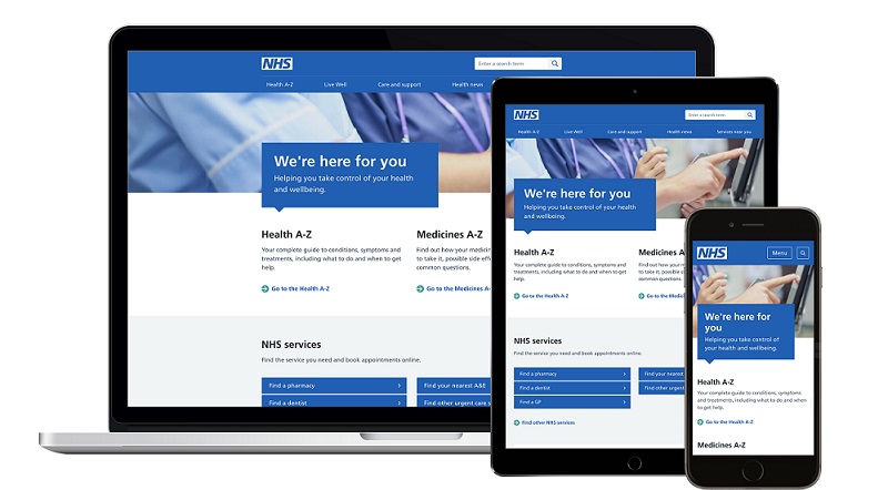 NHS website home page on computer and phone