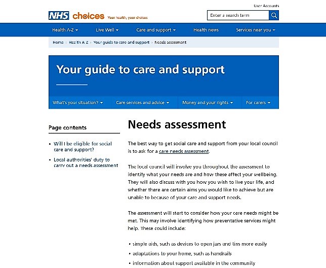 Social care content on the old NHS Choices template