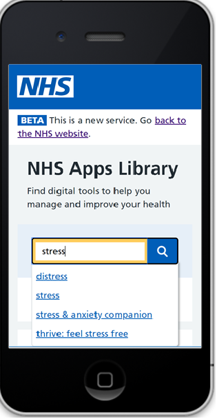 Mobile phone with the app library and stress in the search box.