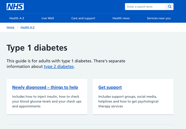 Screenshot of NHS.UK diabetes landing page
