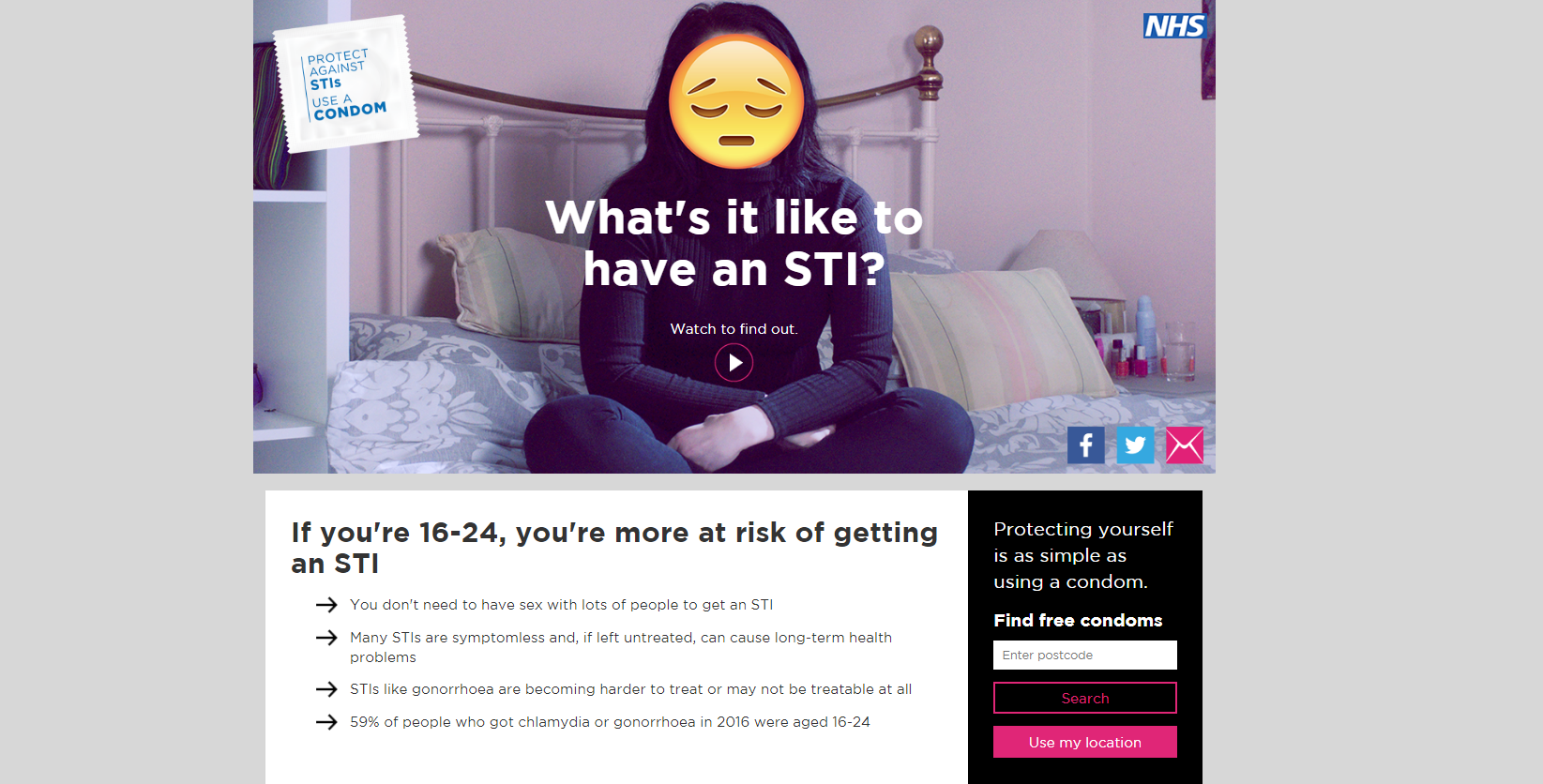Image of NHS sexual health web page - if you're 16-24, you're more at risk of getting an STI